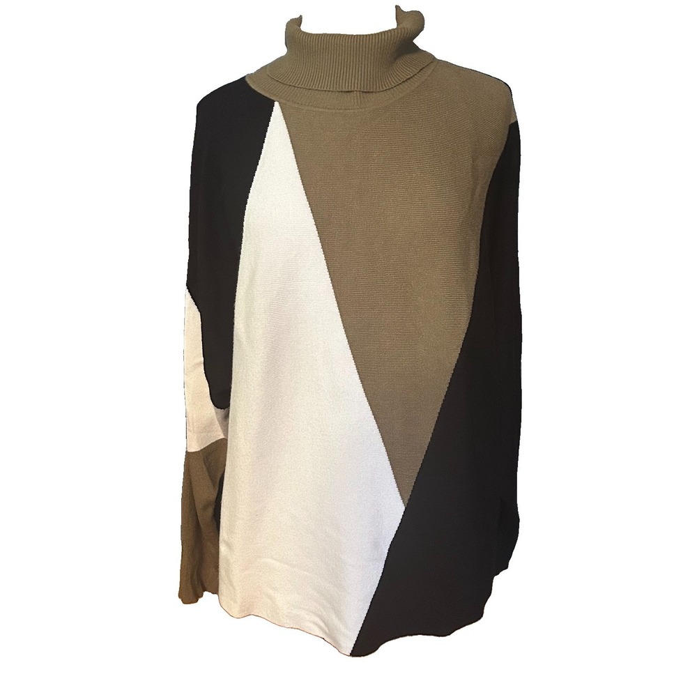 Aaeda Sweater Color Block Turtleneck Size XL Black White Olive Soft & Cozy